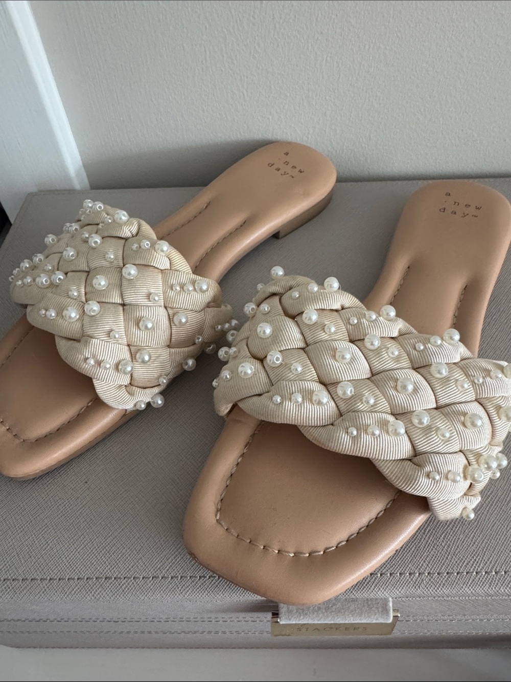 a new day Pearl-Embellished Braided Ivory Slide Sandals